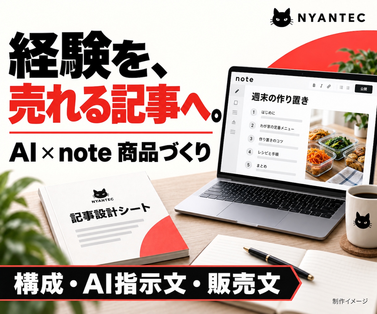 経験を売るAI活用のnote商品設計を支援します テーマ選び・構成・専用AI指示文・原稿添削まで イメージ1