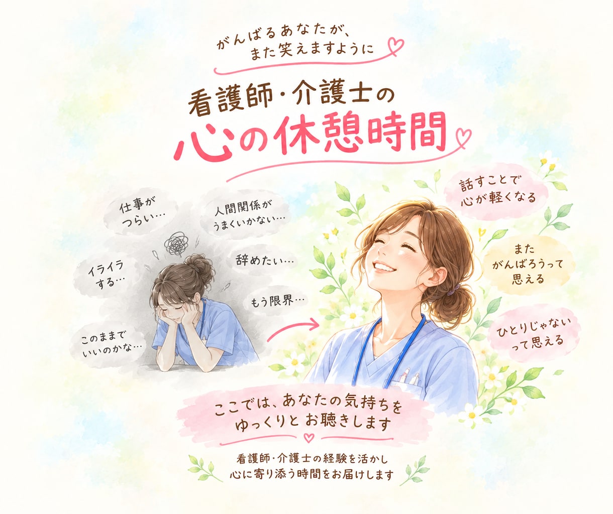 悩んでいる介護士さん看護師さんのお話聞きます 仕事のモヤモヤ・グチ・悩み聞きます。答えをださなくて大丈夫☆ イメージ2