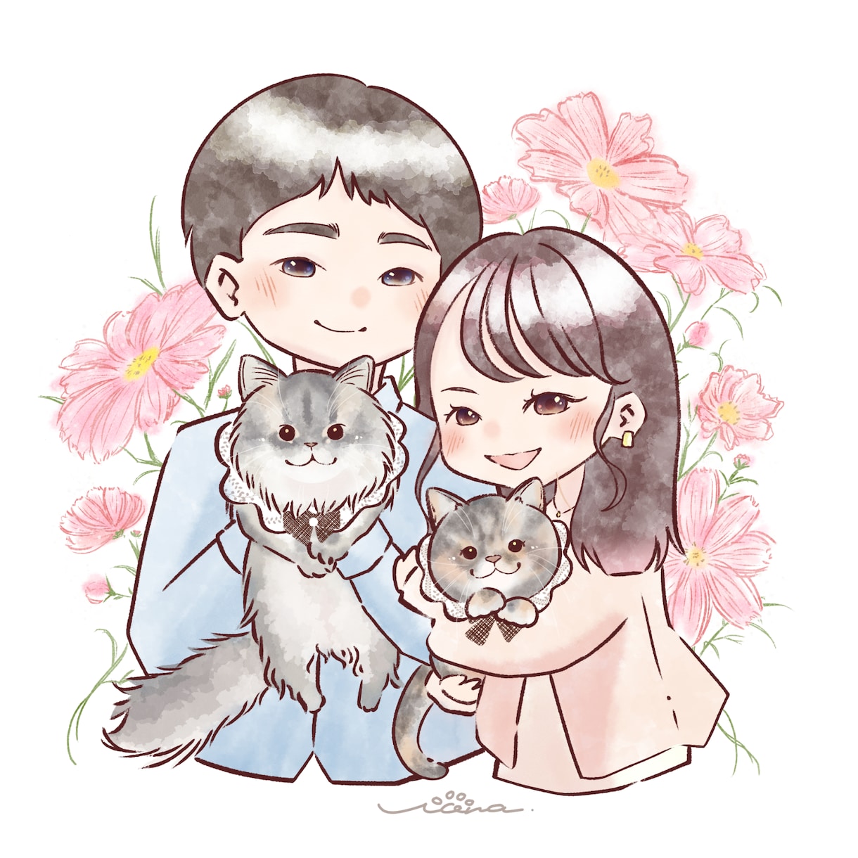 可愛くておしゃれな水彩タッチのイラスト描きます 似顔絵からオリジナルキャラクター、擬人化もOK♡ イメージ1