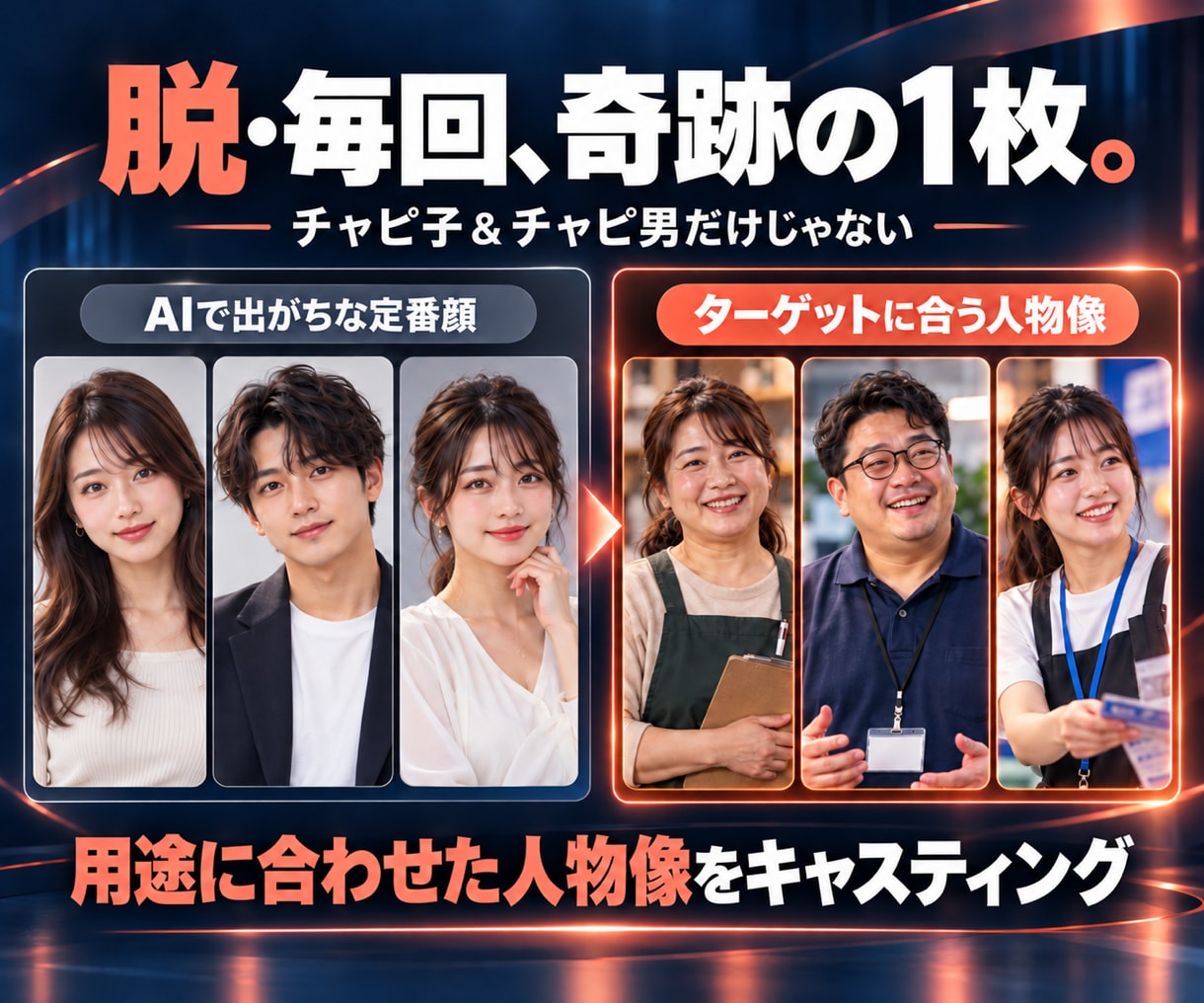 どこかで見たAI顔じゃない出演者で動画を作ります 「あ、チャピ子！あっちにも出てた」を避けた出演者にします。 イメージ1