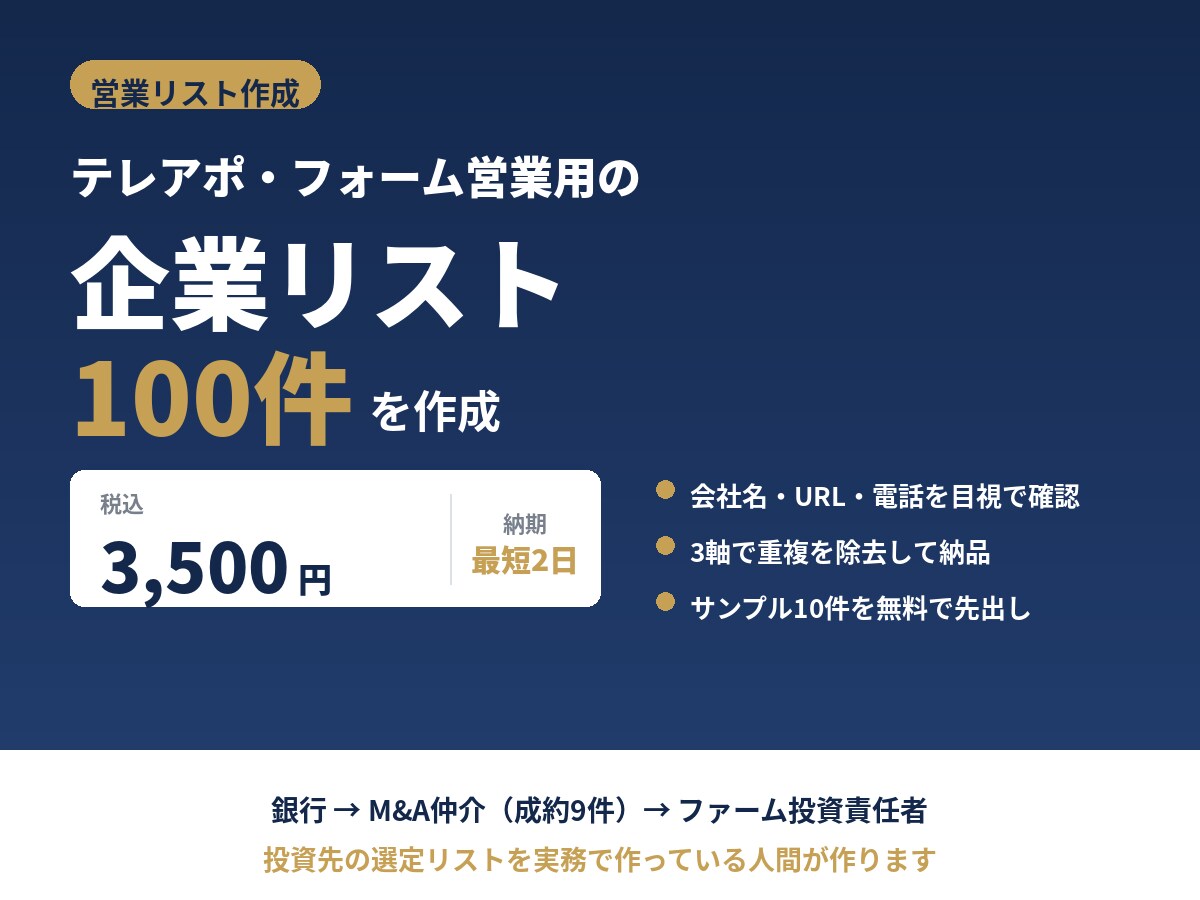 業種エリア指定OK 営業リスト100件を作成します 条件を伝えるだけ。"すぐ使えるリスト"をお届けします。 イメージ1