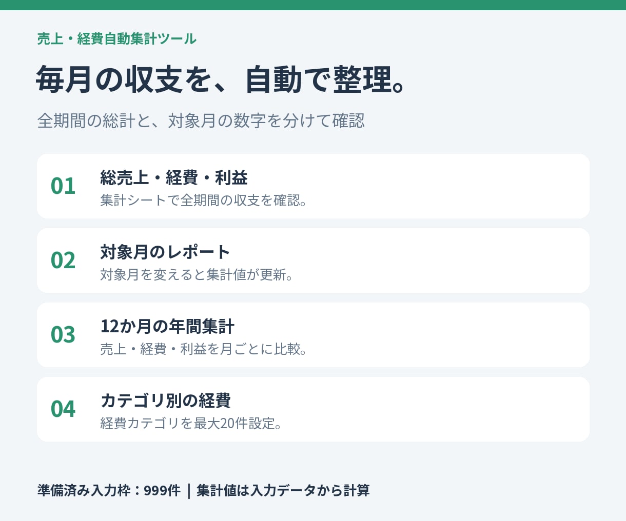 売上・経費を自動集計する管理表を提供します 入力するだけで月別・カテゴリ別の収支を見える化 イメージ2