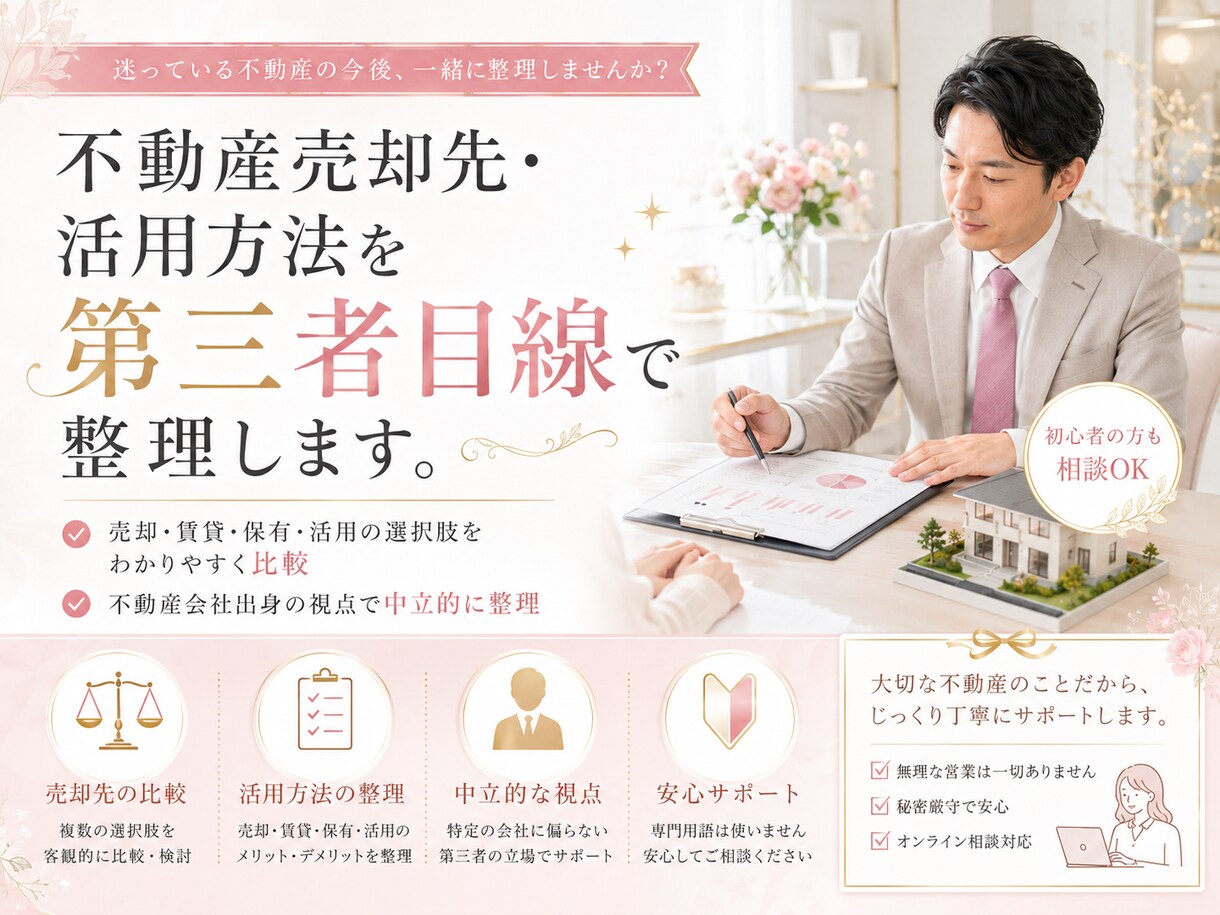 不動産の売却先・活用方法を第三者目線で整理します 売る・貸す・活かす前に、損しにくい進め方を一緒に考えます イメージ1