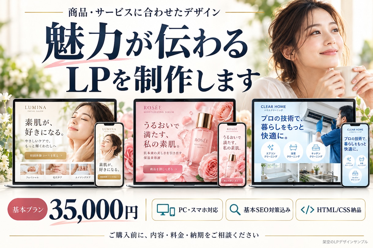 商品・サービスの魅力が伝わるLPを制作いたします Webデザイナーとしての経験を活かし丁寧に制作いたします イメージ1