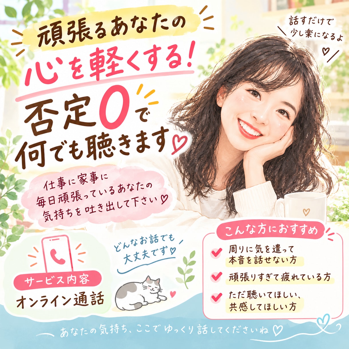頑張るあなたの心を軽くする！否定０で何でも聴きます 仕事に家事に毎日頑張っているあなたの気持ちを吐き出して下さい イメージ1