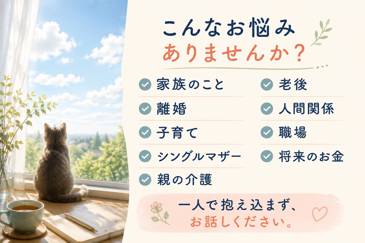 誰にも言えない悩み、お聞きします 50代の人生経験を活かしてあなたのお話を伺います イメージ2