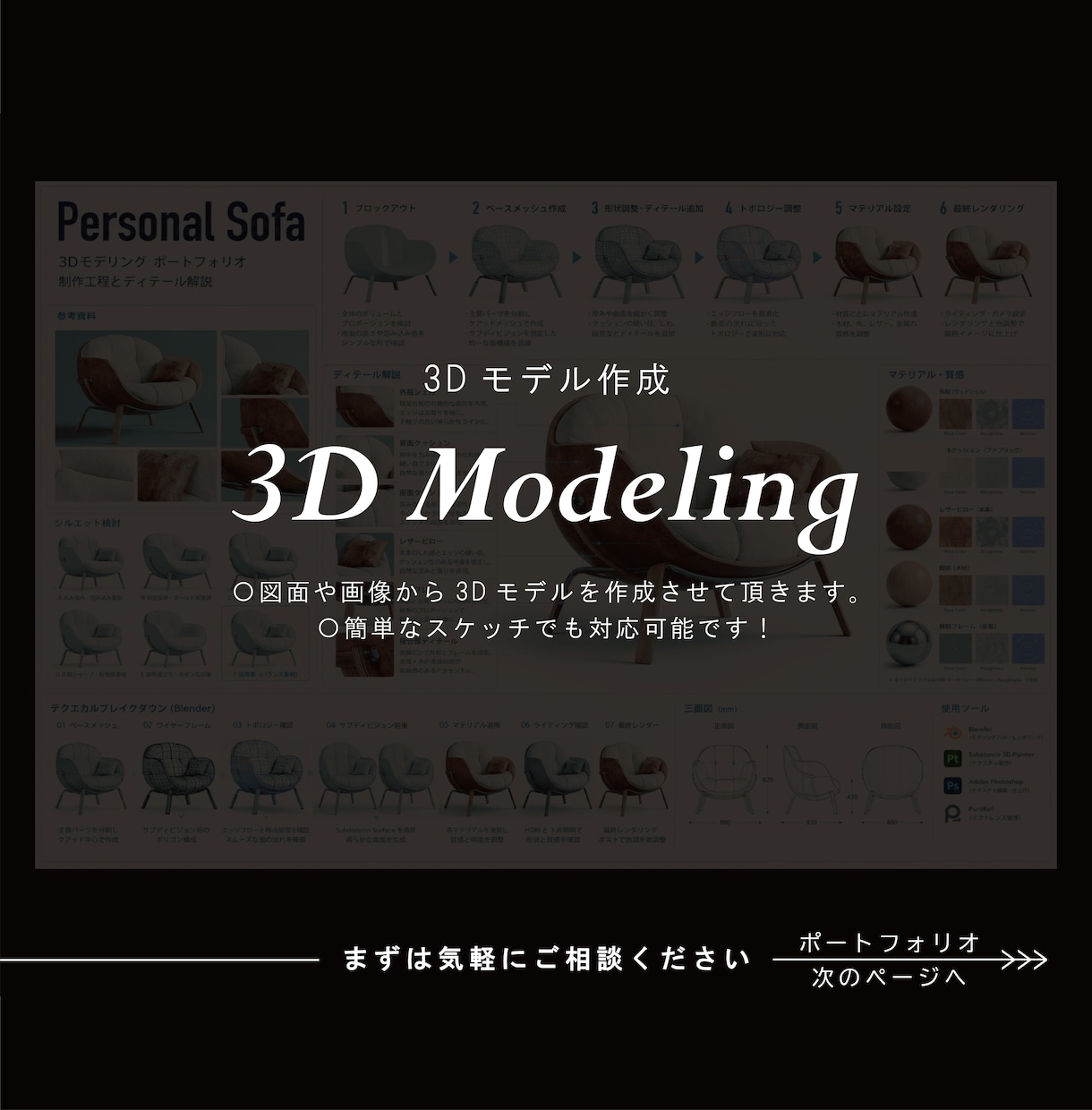 イメージや資料をもとに3Dモデルを作成します 現役3Dモデラーが丁寧に希望の3Dモデルを作成します。 イメージ1