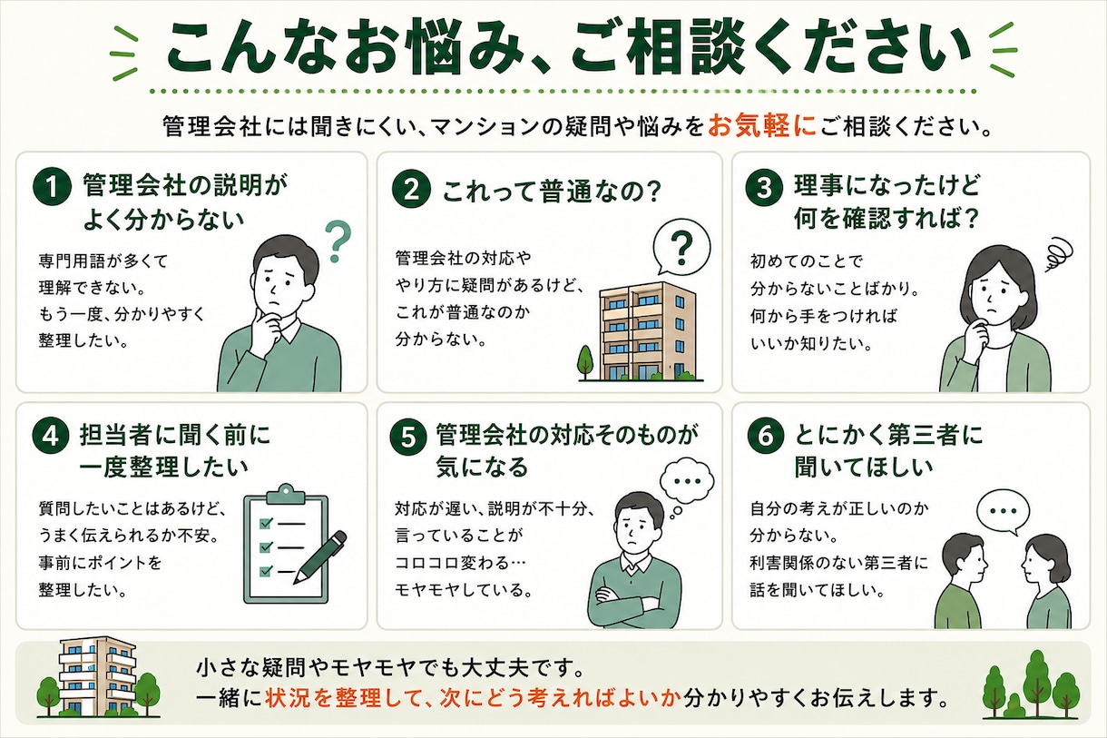 管理会社に聞きにくいマンションの悩みをお聞きします 「こんなこと聞いていい？」を実務経験者と一緒に整理します イメージ2