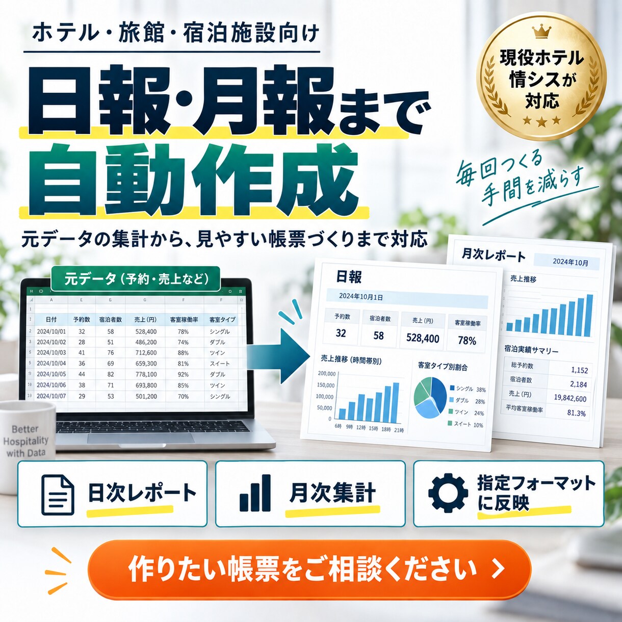 ホテルのPMS・CSVをExcelで自動集計します 予約・売上・宿泊実績など毎日の集計作業を効率化 イメージ6