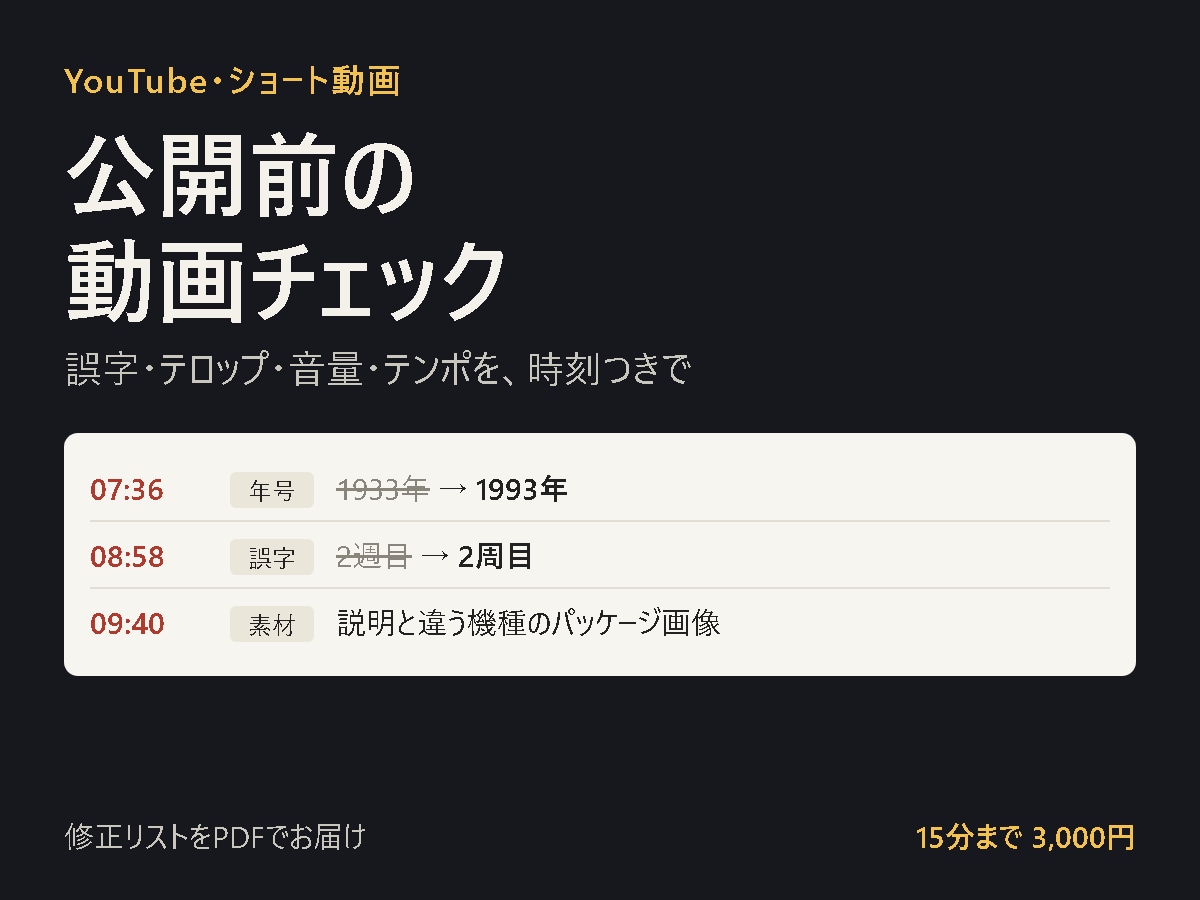 公開前の動画を視聴者目線でチェックします 誤字・テロップ・音量・テンポを、時刻つきの修正リストで イメージ1