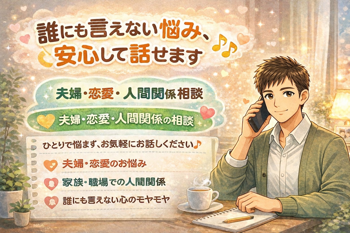 夫婦・仕事・恋愛・人間関係などの悩みをお聞きします 誰にも言えない悩みや不安を整理し、心の道筋を一緒につけます イメージ1