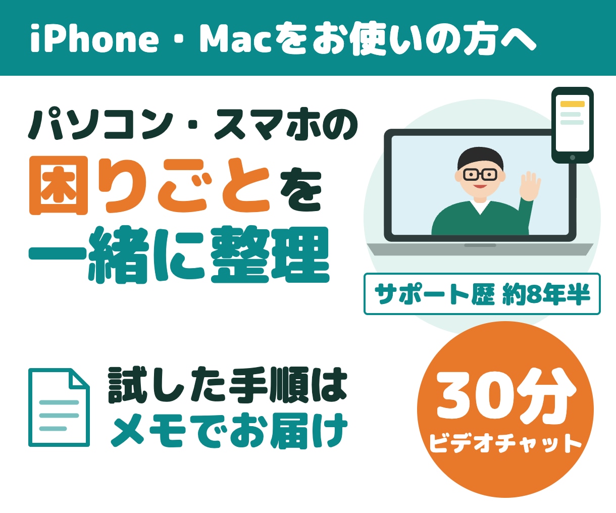 パソコン・スマホの困りごとを一緒に整理します iPhone・Mac中心。一緒に試した手順は後日メモでお届け イメージ1