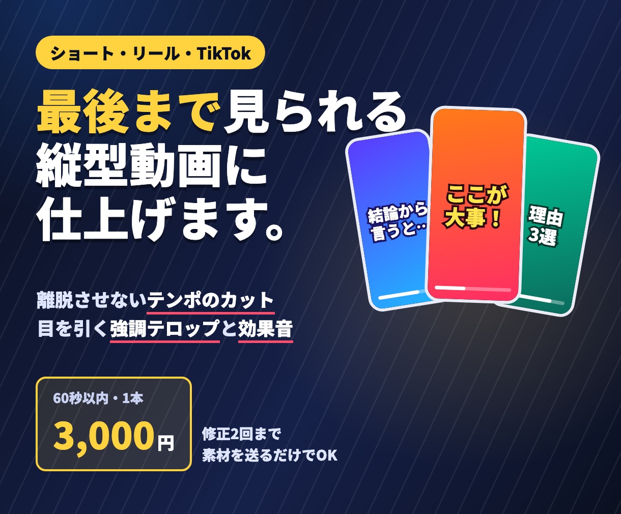 ショート動画をテンポよく見やすく編集します 離脱させないカットと強調テロップで最後まで見られる動画に イメージ1
