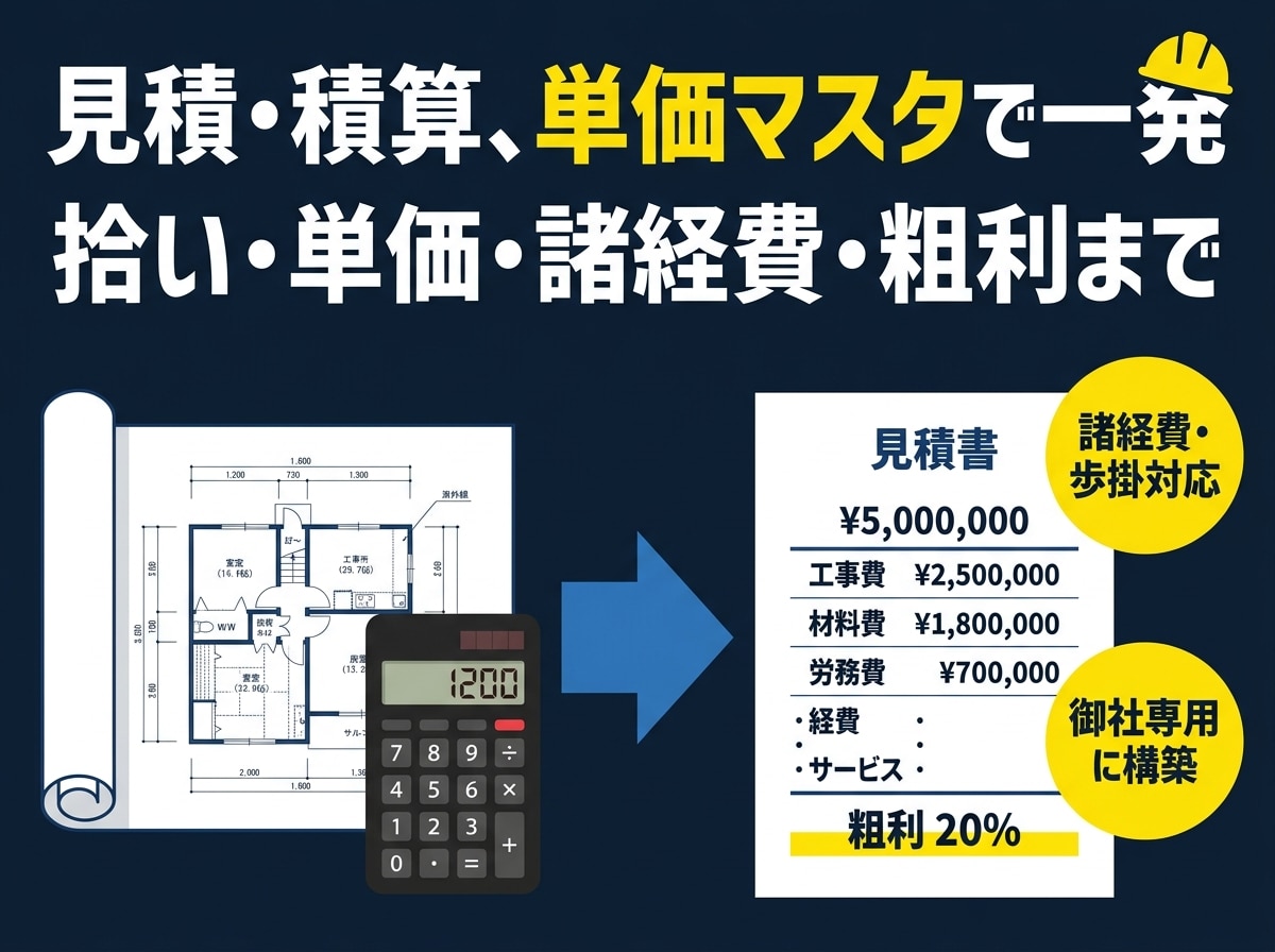 建設業の見積・積算を単価マスタで仕組み化します 拾い・単価・諸経費・粗利まで。自社の見積術をあなたの会社に。 イメージ1