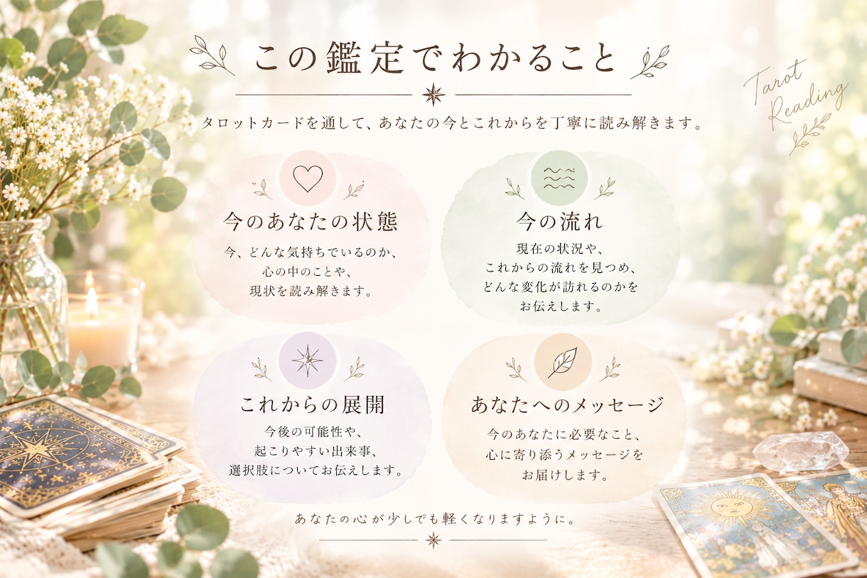 タロットであなたの今の流れとこれからを視ます 「未来を当てるためではなく、自分を見つめるためのタロット。」 イメージ3