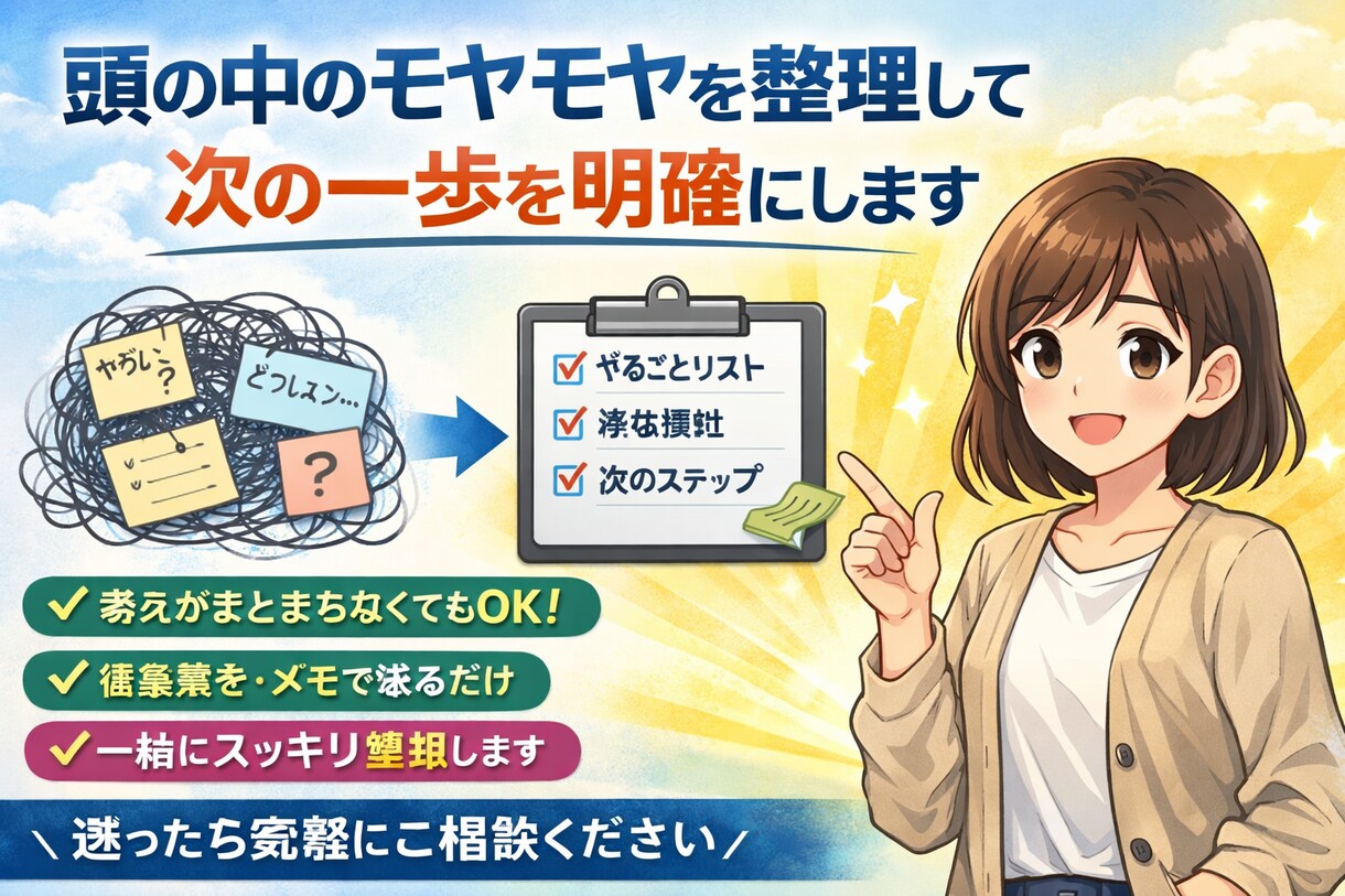 頭の中のモヤモヤを整理して、次の一歩を明確にします 考えを整理して、次の一歩を見つけます イメージ1
