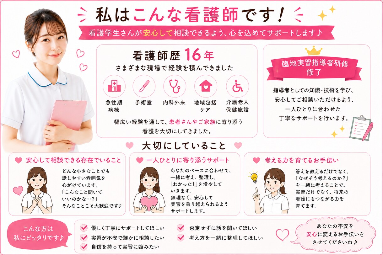 実習の悩み・看護過程・記録を丁寧にサポートします 臨地実習指導歴10年看護師が実習の不安を具体的に解決します！ イメージ5