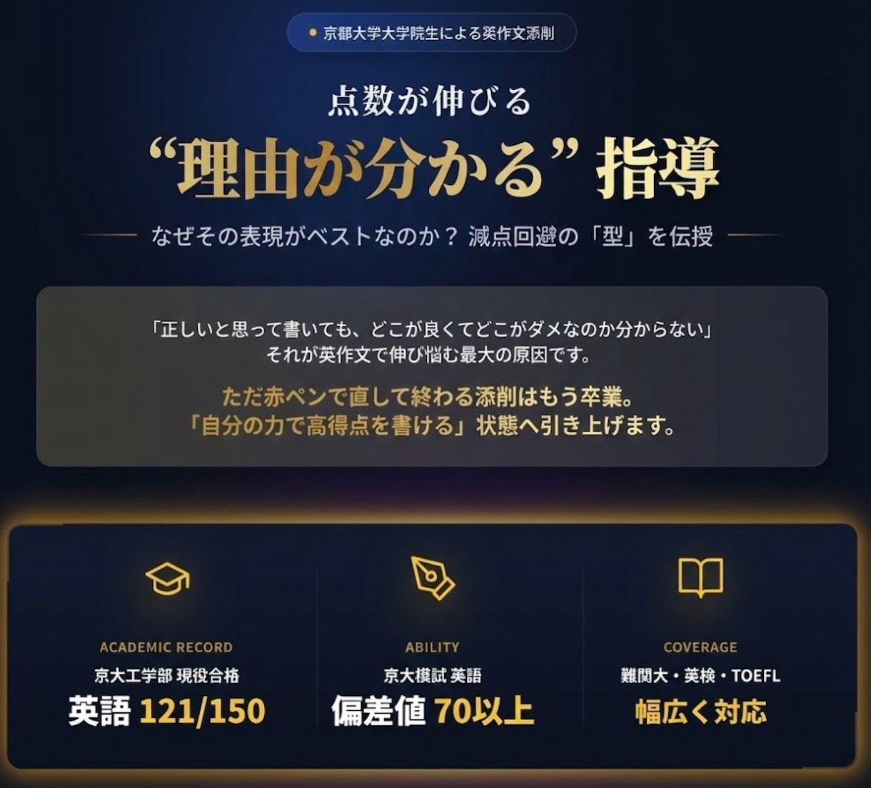 残り1名—今なら翌日までに添削します 京都大学本試験英語8割越え達成(121/150) イメージ1