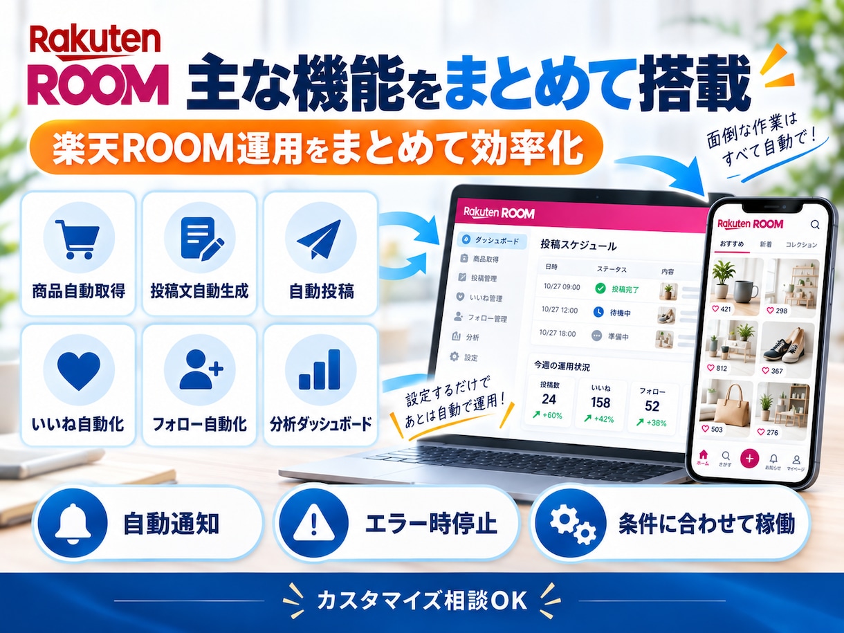 楽天ROOM投稿・いいね・フォロー自動化します 楽天ROOMの投稿・いいね・フォローを自動化するツールです イメージ2