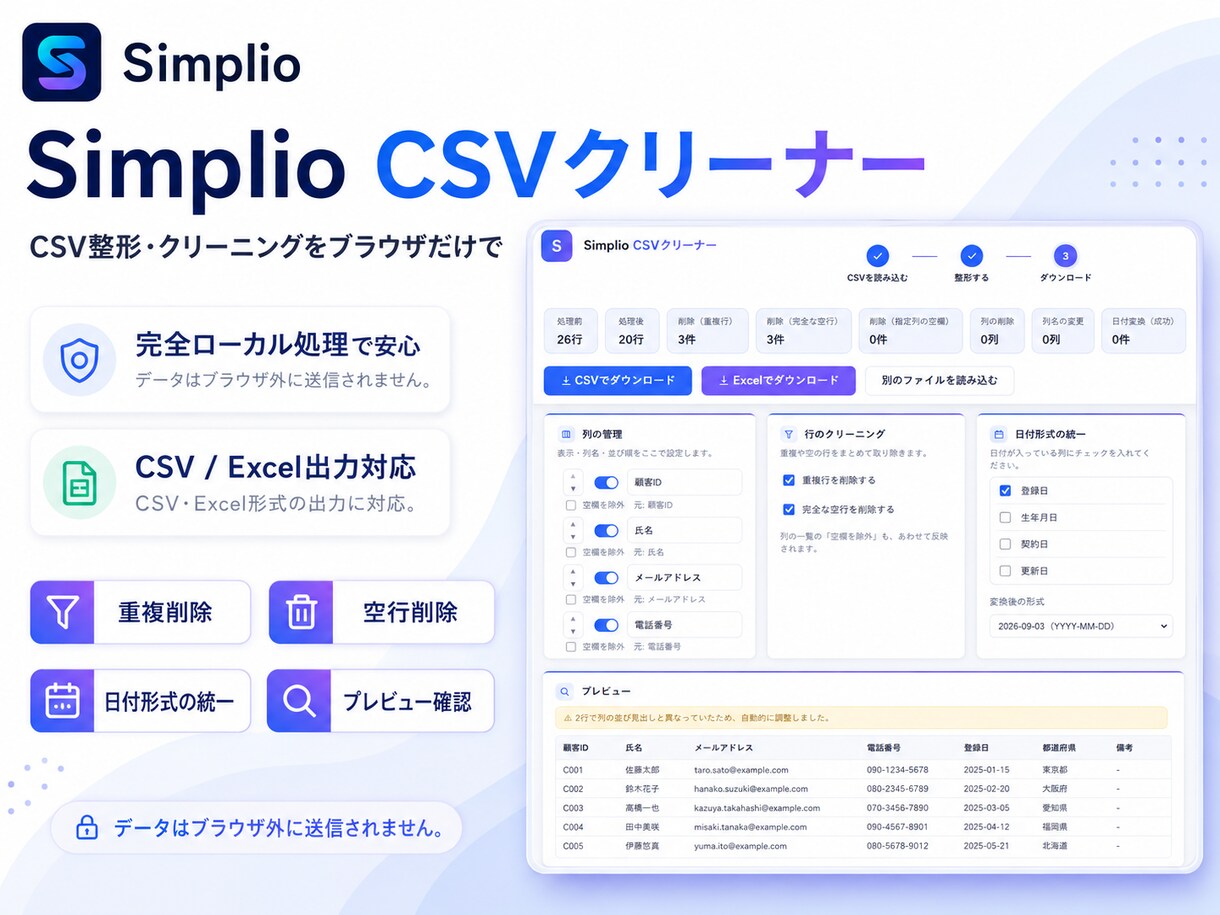 CSVの整理・重複削除・Excel出力自動化します ブラウザだけでCSVを簡単に整形・変換できます イメージ2