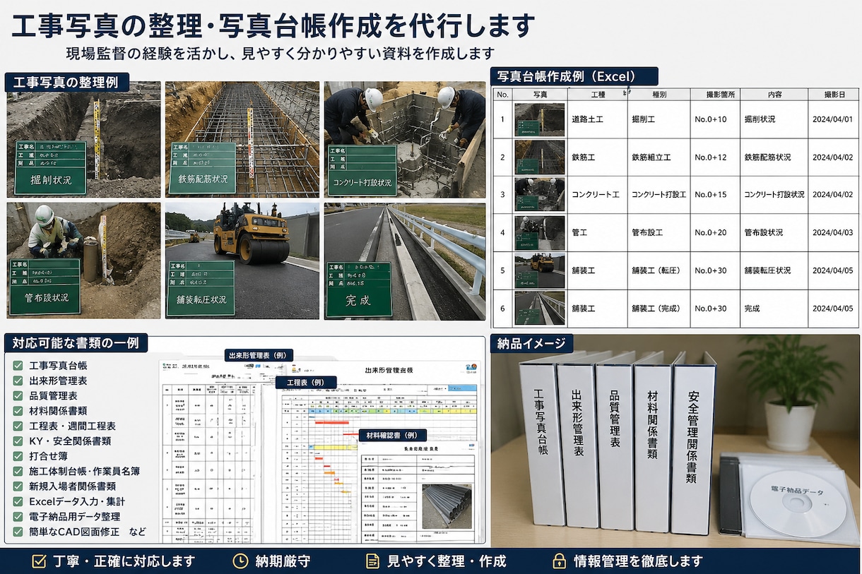 土木現場の写真整理・書類作成現場経験者が代行します 面倒な工事写真整理・写真台帳作成をまとめて代行します イメージ1