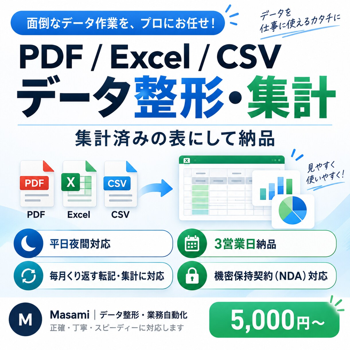 PDFやExcelのデータを整形・集計します 毎月くり返す転記と集計を、そのまま使える形でお返しします イメージ1