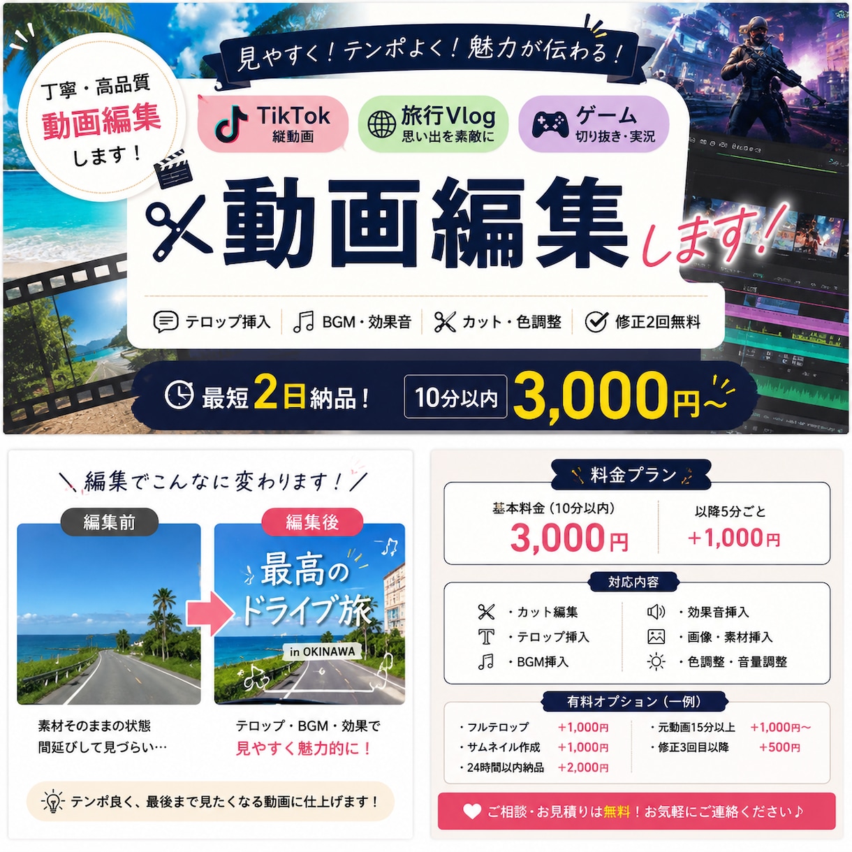 TikTok・YouTube動画を編集します 旅行動画・ゲーム動画を見やすく魅力的に編集します！ イメージ1