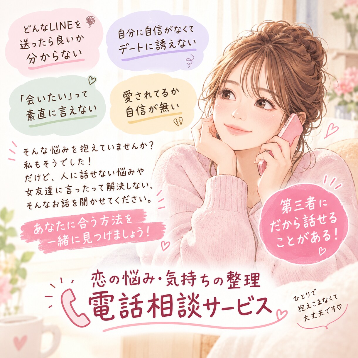 小さな不安、なんでも聞きます 片思い両思い、人に言えない恋、愚痴何でも話してみてね。 イメージ3