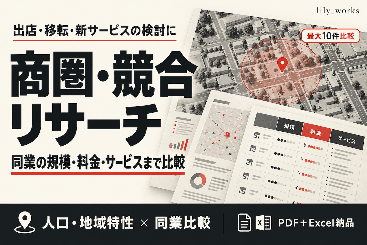 出店前の商圏・競合・地域の特徴を調査します 人口・近隣の価格やサービスを比較し、判断材料をまとめます イメージ1