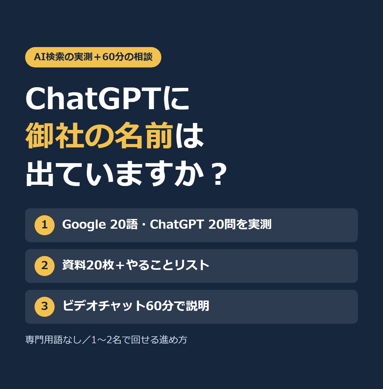 AIに社名が出るか実測し次の手を提案します 専門用語なしで、実測からやることリストまでお渡しします イメージ1