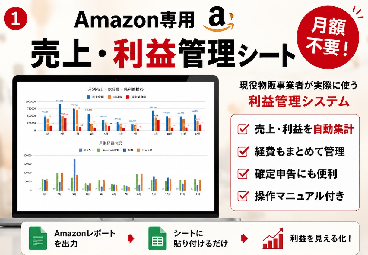 Amazon専用売上・利益管理シートを提供します ～月額不要！私も運用中の利益管理シートをマニュアル付きで～ イメージ1