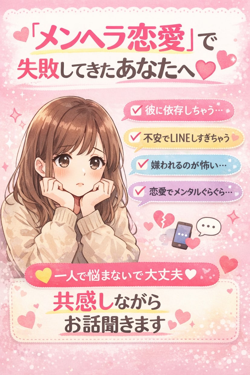 元メンヘラの私が、男に振られない恋愛相談のります 恋愛依存・メンヘラ恋愛の悩み聞きます【24時間チャット】 イメージ1