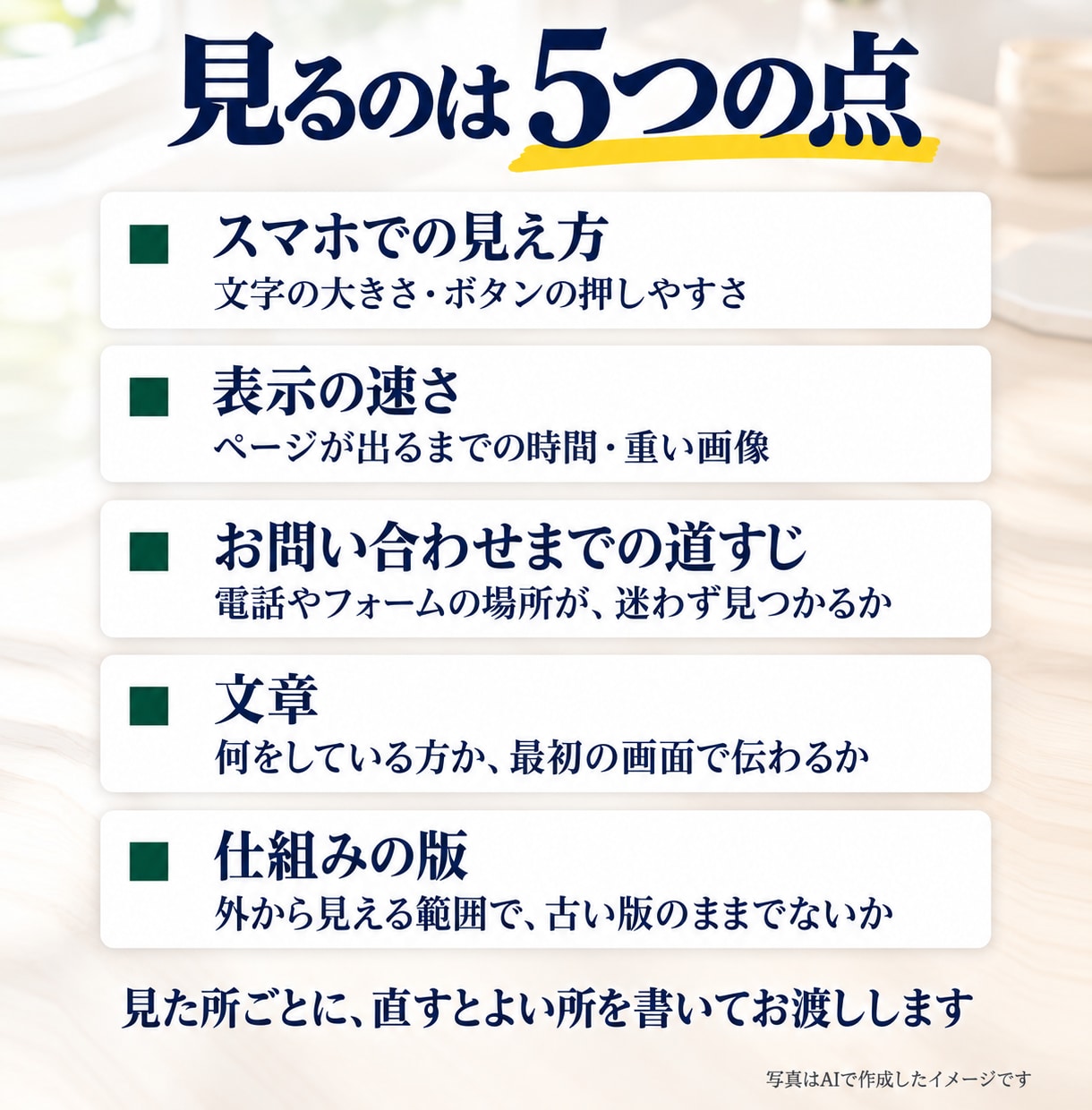 ホームページ診断｜5つの点から直す所をお伝えします スマホ・速さ・問い合わせ・文章・版の古さの5つの点から見ます イメージ2