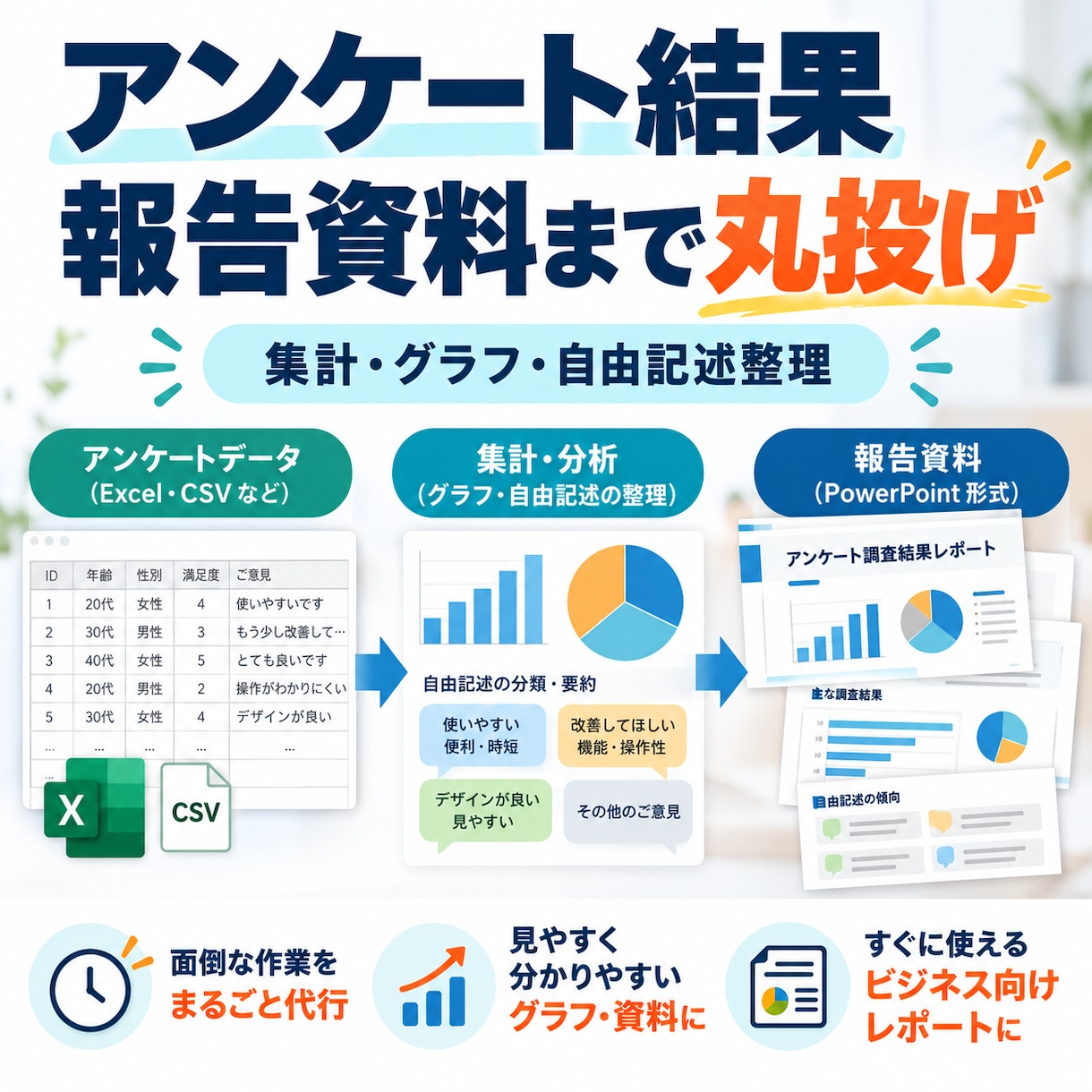 アンケート結果を集計し報告資料まで作成します CSVを渡すだけ。集計・グラフ・自由記述整理まで丸ごと対応 イメージ1