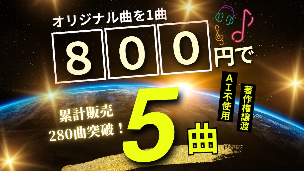 1曲800円×5曲！高品質BGMを格安で作曲します AI不使用・完全人力制作！全曲が商用利用可・著作権譲渡 イメージ1