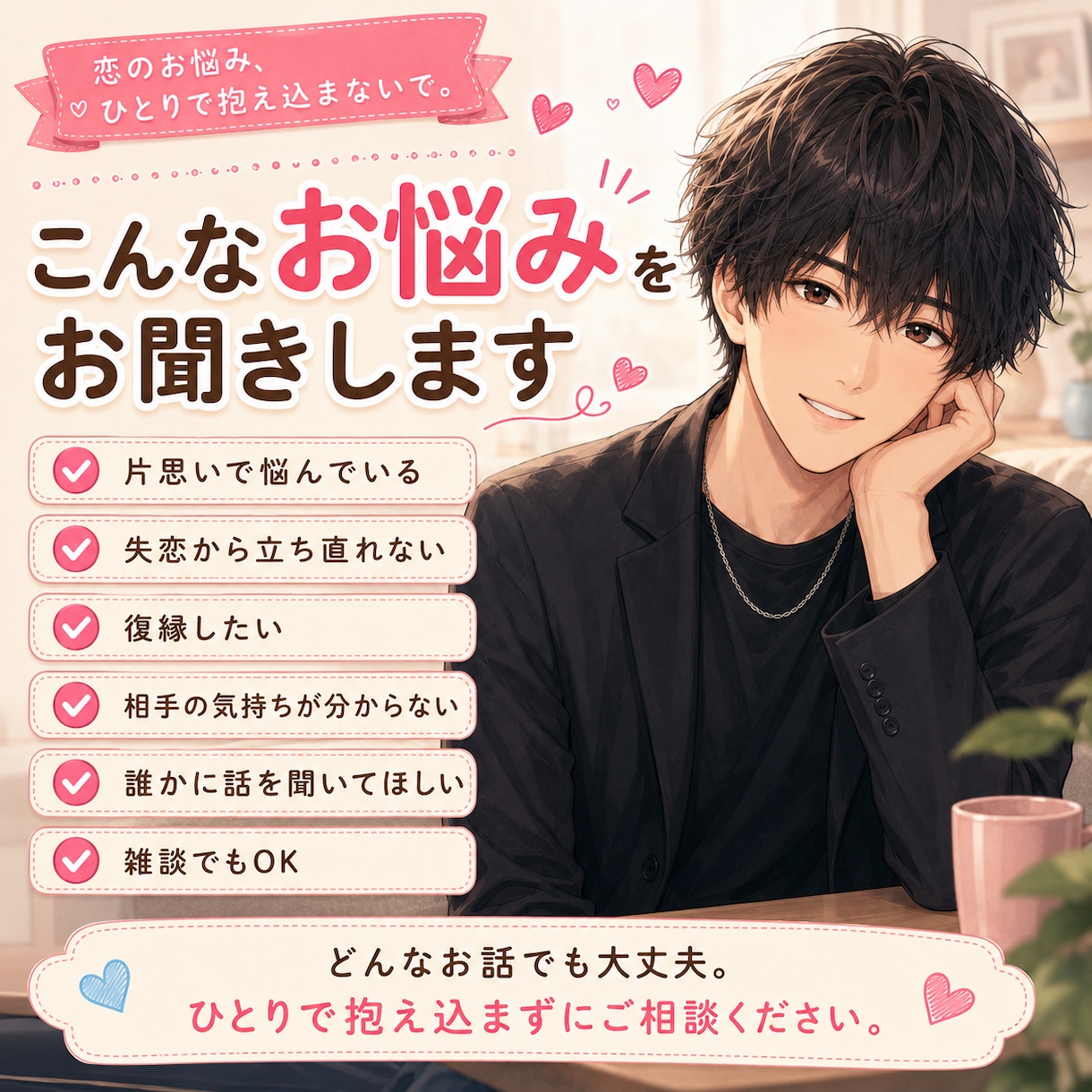 片思い・失恋・恋愛の不安を一緒に整理します 好きな人のこと、別れのつらさを話せる場所です イメージ2