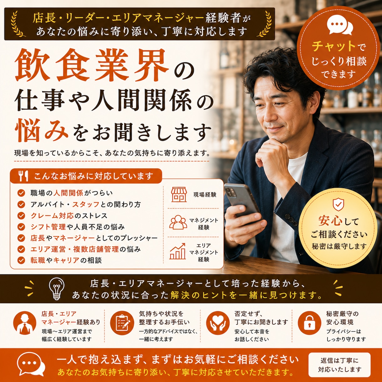 飲食業界の仕事や人間関係の悩みチャットで聞きます エリアマネージャー経験者が丁寧にお聞きします イメージ1