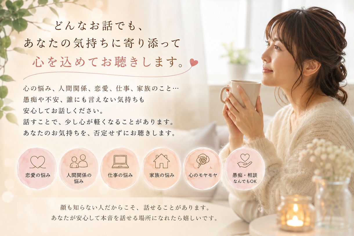 話を聞いてほしい✅悩み/愚痴なんでもお話賜ります 話せる人がいない、相手の反応が気になり相談ができない方に。 イメージ2