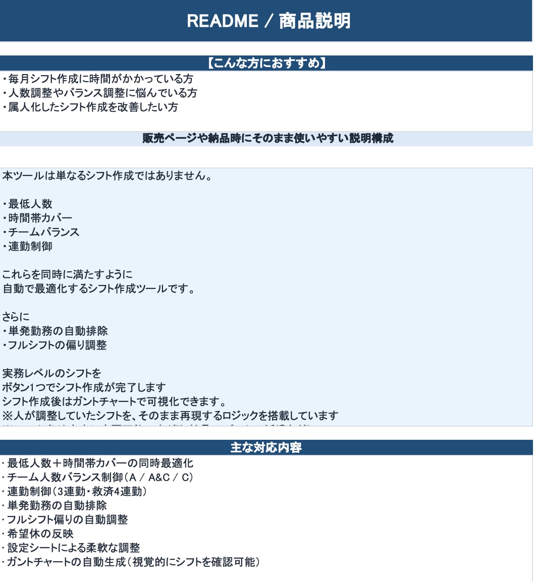 Excelシフト自動作成｜人数・連勤調整します 面倒なシフト作成をボタン1つで終わらせます イメージ6