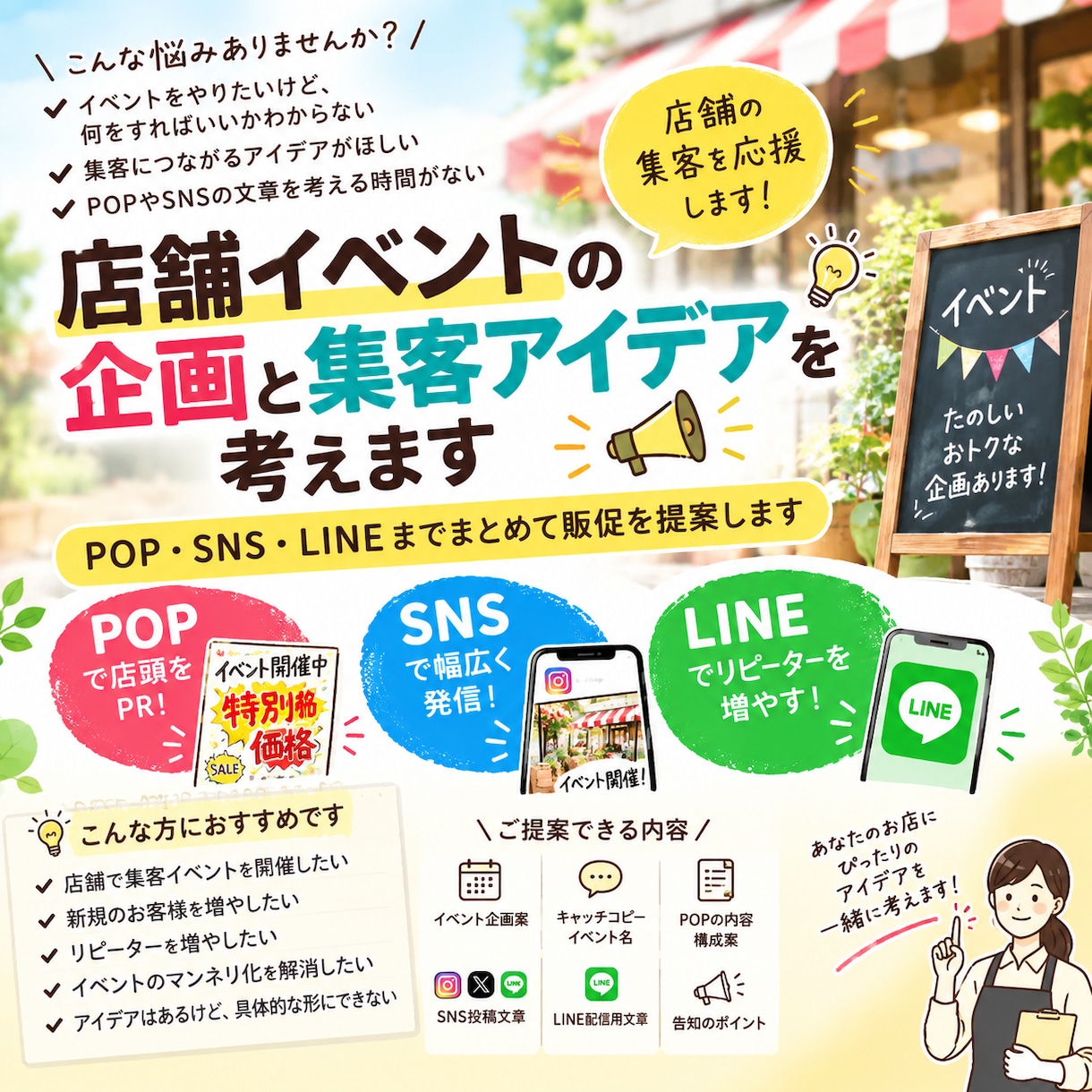 店舗イベントの企画と集客アイデアを考えます POP・SNS・LINEまでまとめて販促を提案します イメージ1