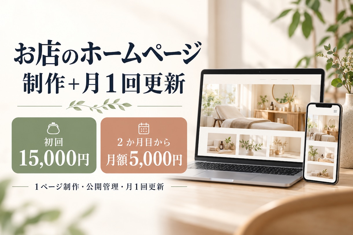 お店の簡単案内ページを作成・更新します 文章・画像を送るだけ。1ページの制作と月1項目の更新をお任せ イメージ1
