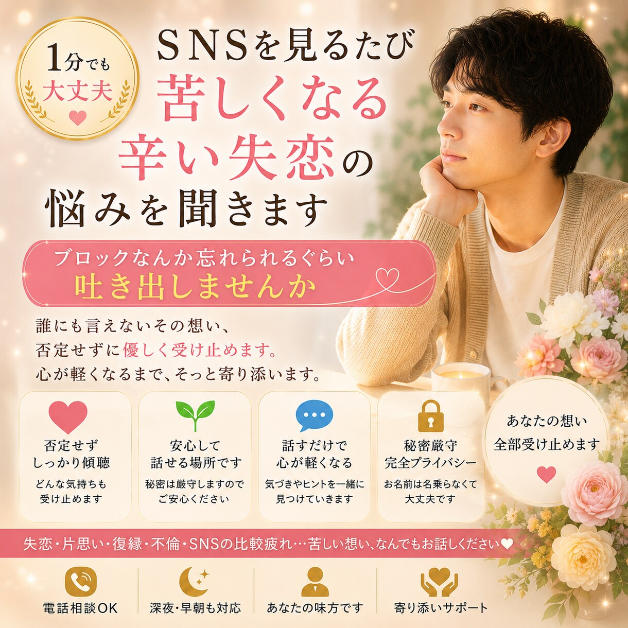 SNSを見るたび苦しくなる辛い失恋の悩みを聞きます 1分でも大丈夫ブロックなんか忘れられるぐらい吐き出しませんか イメージ1