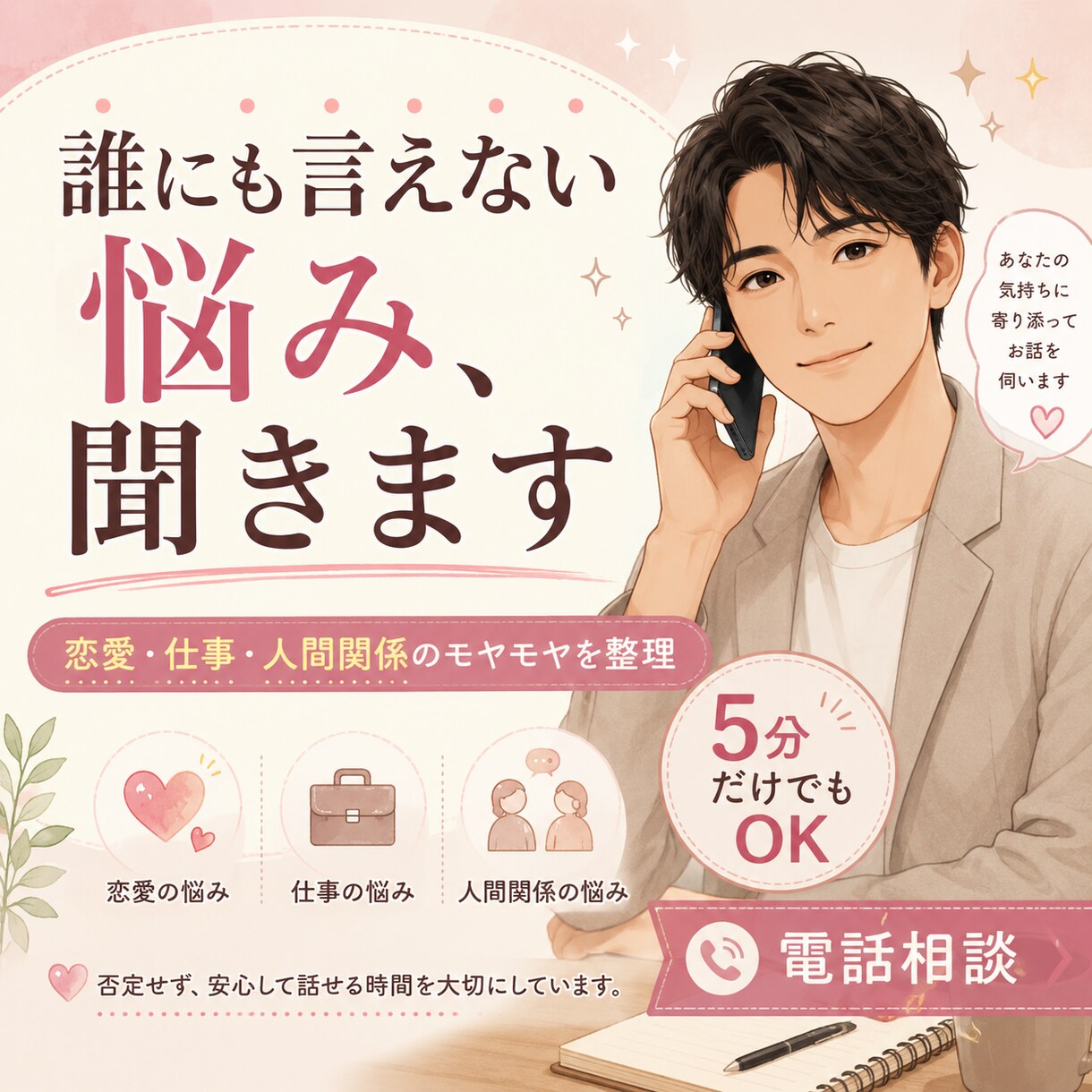 誰にも言えない悩みをお聞きしますます 恋愛・仕事・人間関係のモヤモヤをやさしく整理します イメージ1