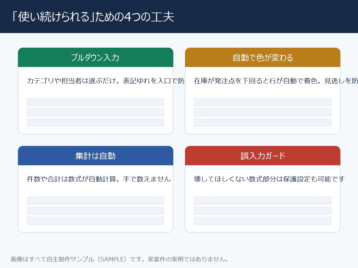 業務に合わせた管理表をExcelで作成します 在庫・顧客・収支など。入力しやすく壊れにくい設計 イメージ2