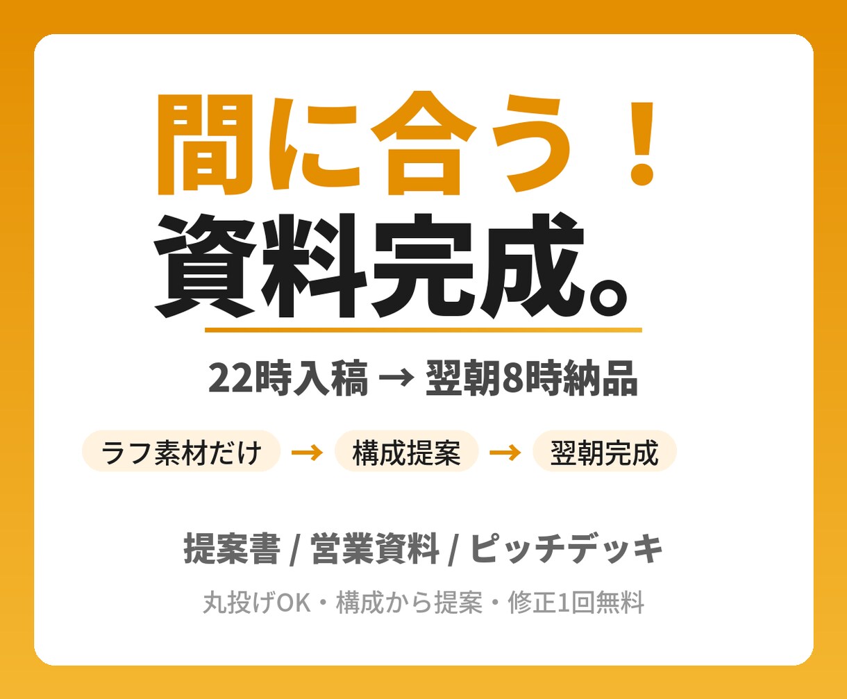 24時間でプロ品質のスライド資料を間に合わせます 提案書・レポート・登壇資料、急ぎの資料作成お任せください イメージ5