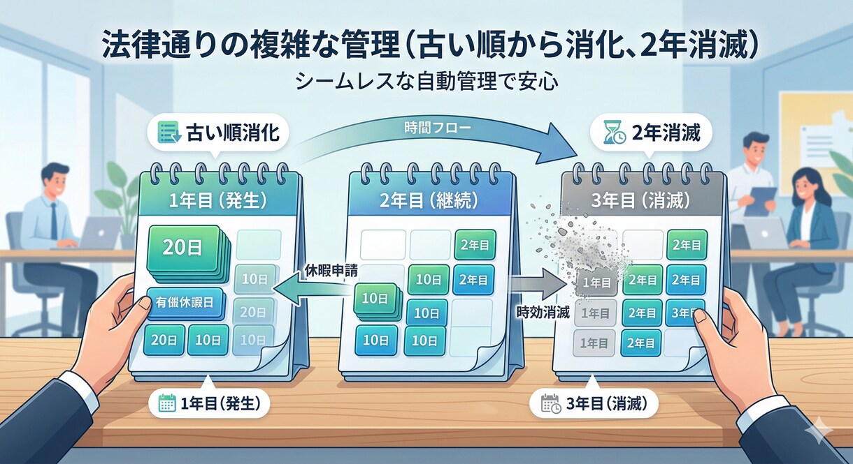 2年消滅・半休対応。Excel有給管理表提供します マクロ不要で動作軽快！古い順から消化、2年消滅も全て自動計算 イメージ4