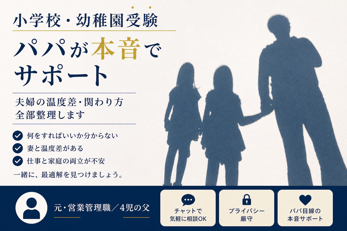 幼稚園•小学校受験の悩みをパパ目線で相談に乗ります 経験者として、受験家庭のリアルをパパ視点でアドバイスします イメージ1