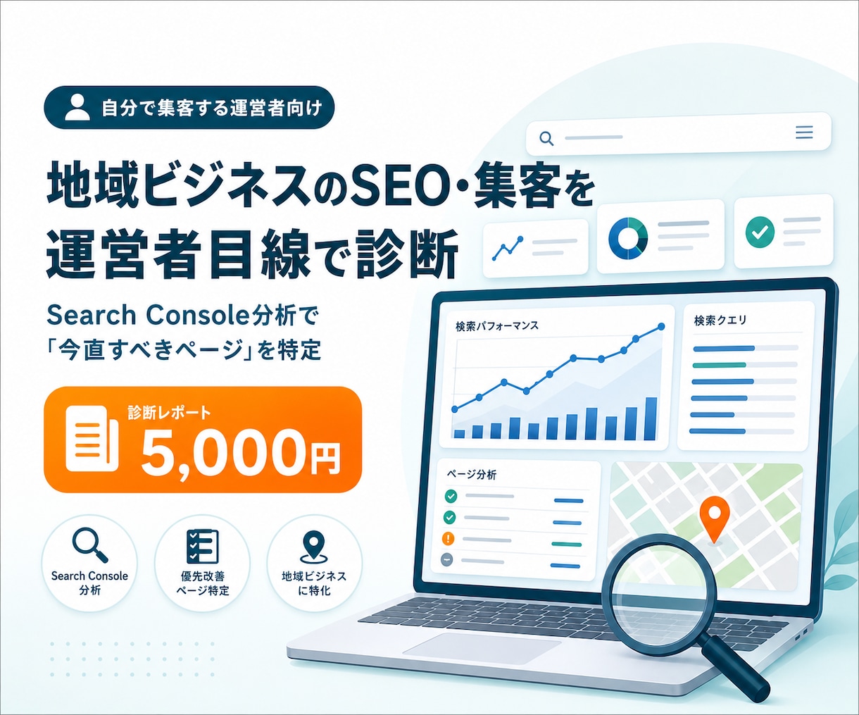 地域ビジネスのSEO、集客を運営者目線で診断します 自分で集客する運営者がデータで「直すべきページ」を特定します イメージ1