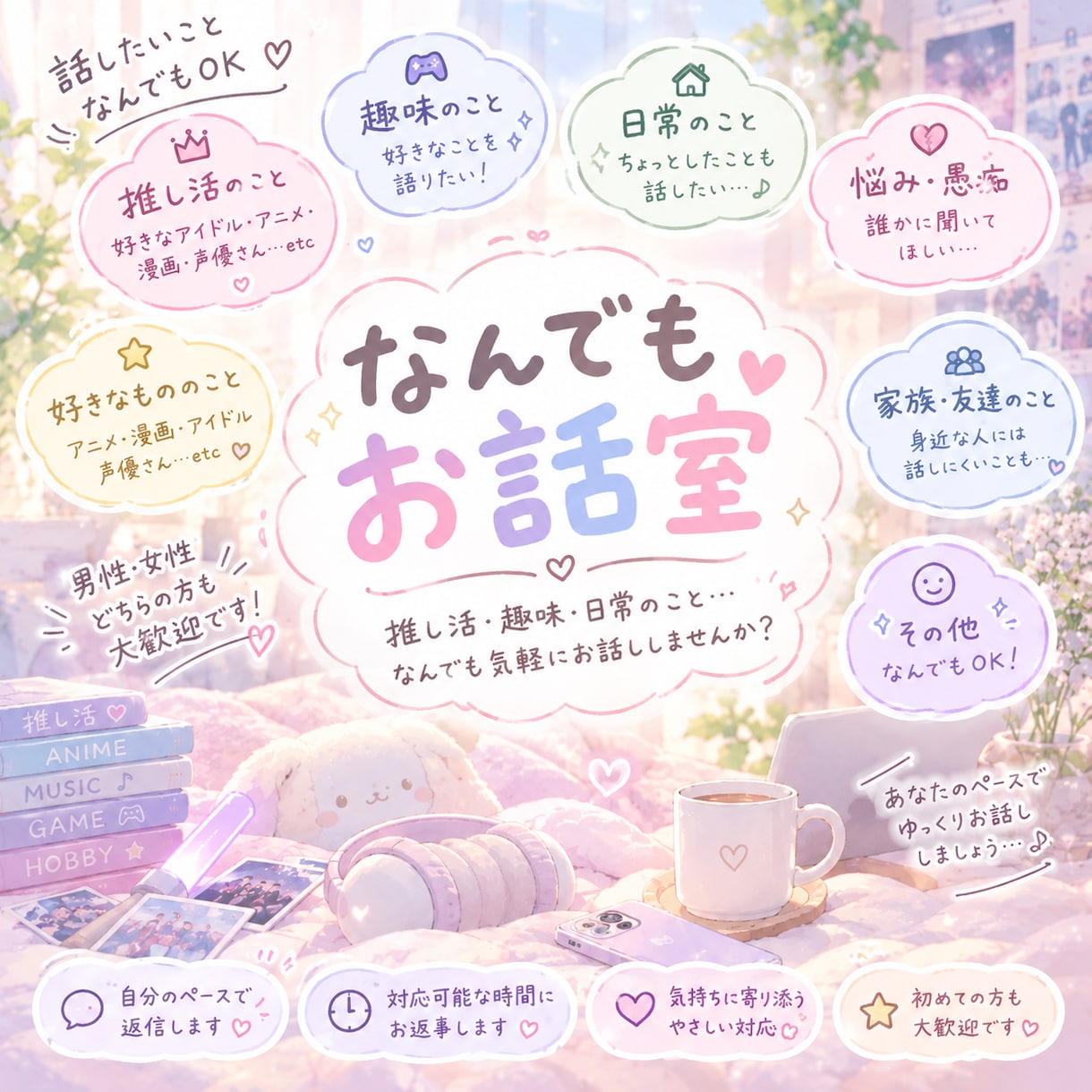 推し活も日常のことも、悩んでいることもお聞きします 推し語り・趣味・愚痴も大歓迎♪ 気軽にお話ししませんか？ イメージ1
