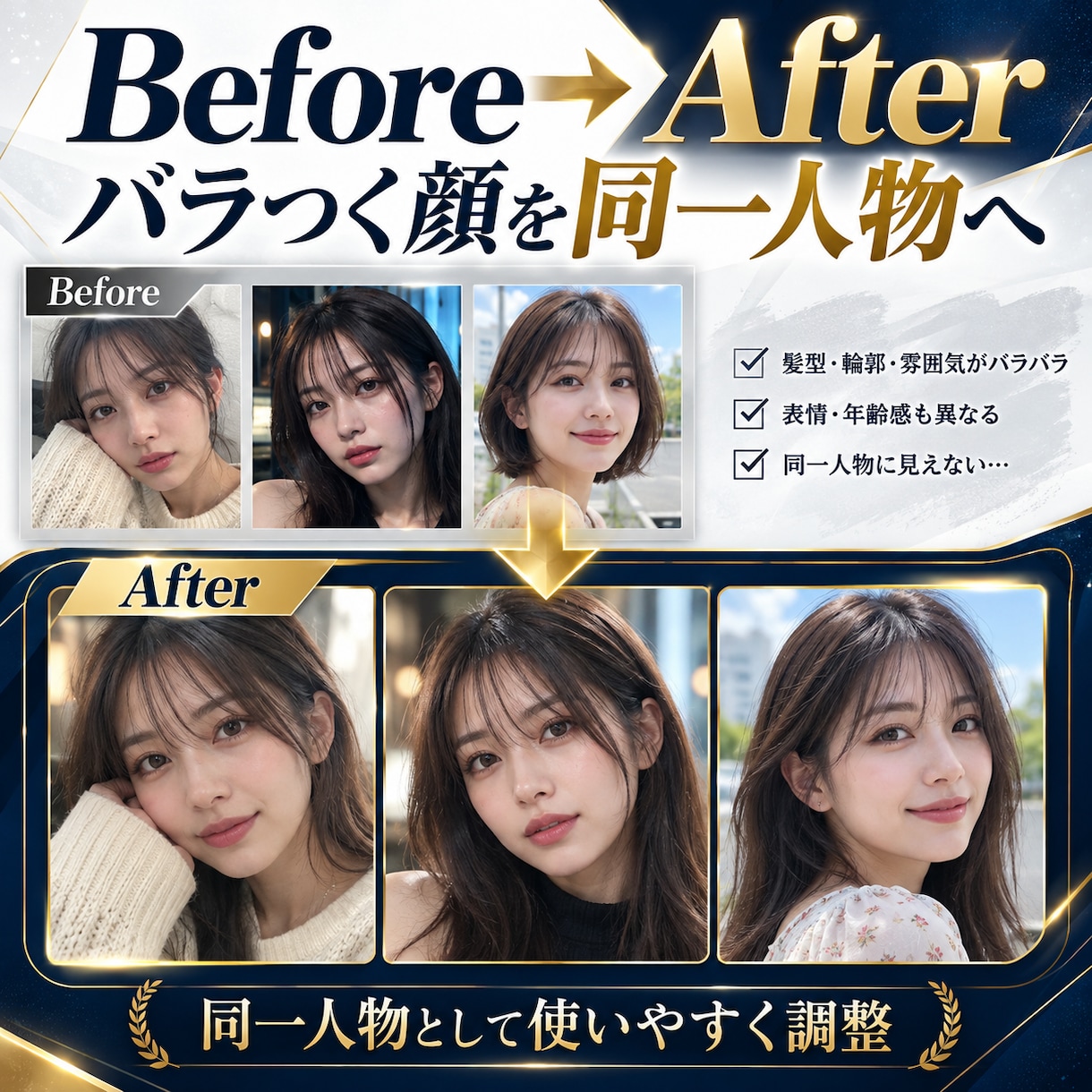 AI人物・キャラクターの顔を固定して統一します 「生成するたび顔が変わる」→同一人物として使いやすくします イメージ2